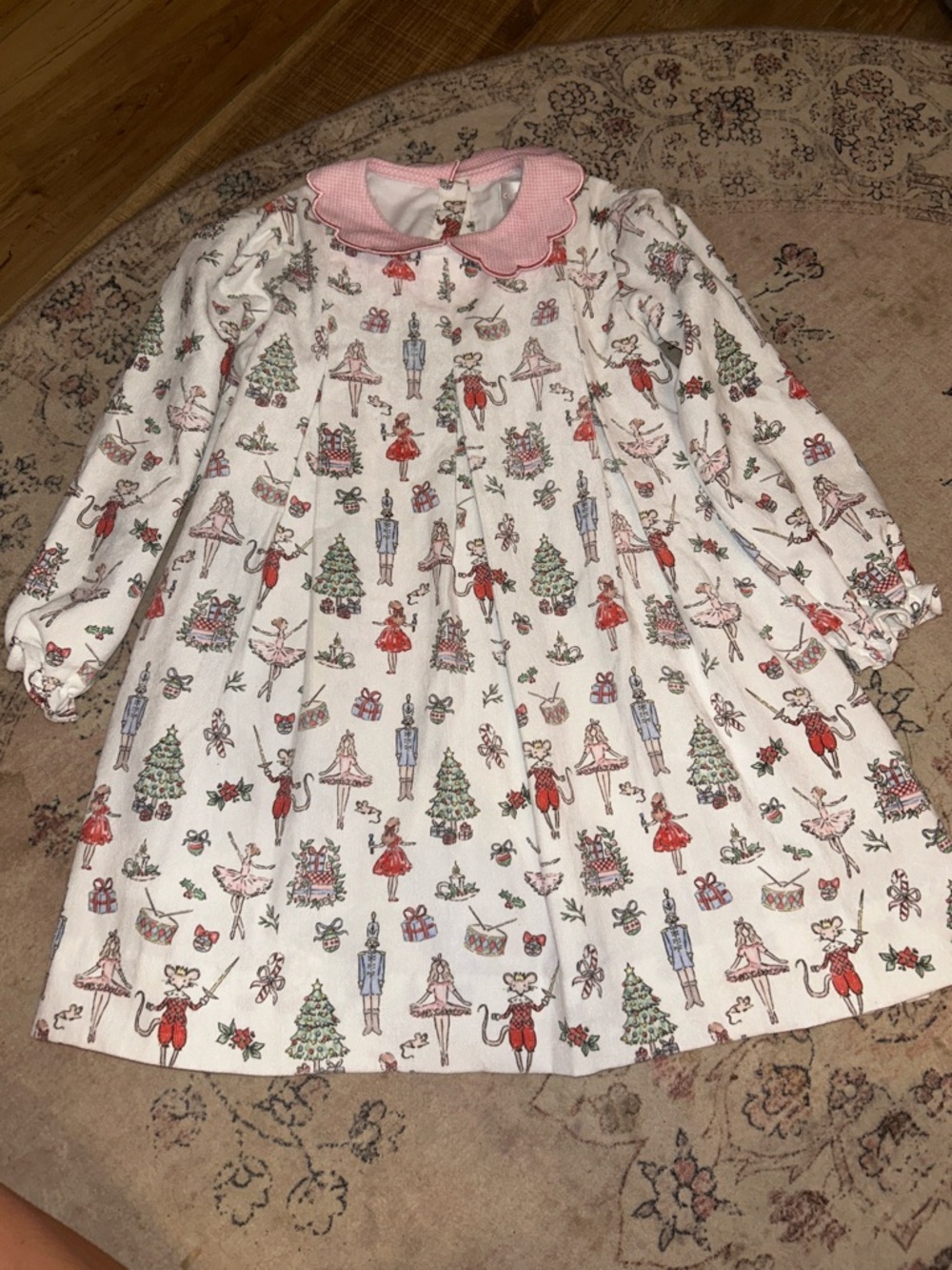 Girls' White Nutcracker Print Holiday Dress with Pink Scallop Collar